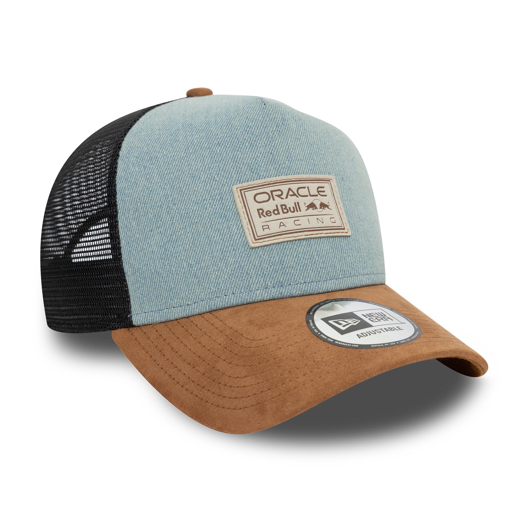 Red Bull Racing F1 Austin Trucker Cap Adults - Blue Denim/Brown Suede